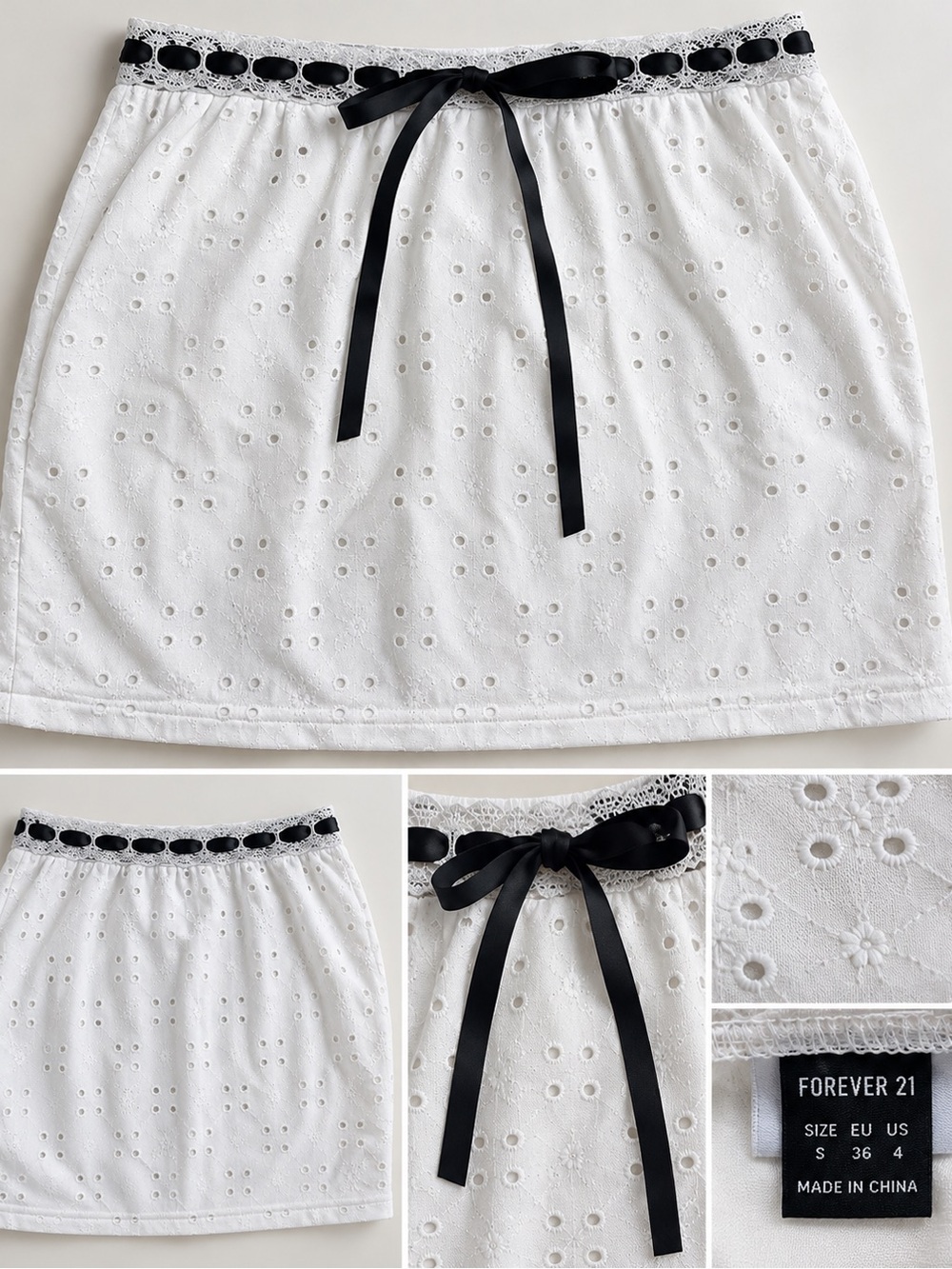 Forever 21 White Eyelet Mini Skirt with Black Ribbon Trim